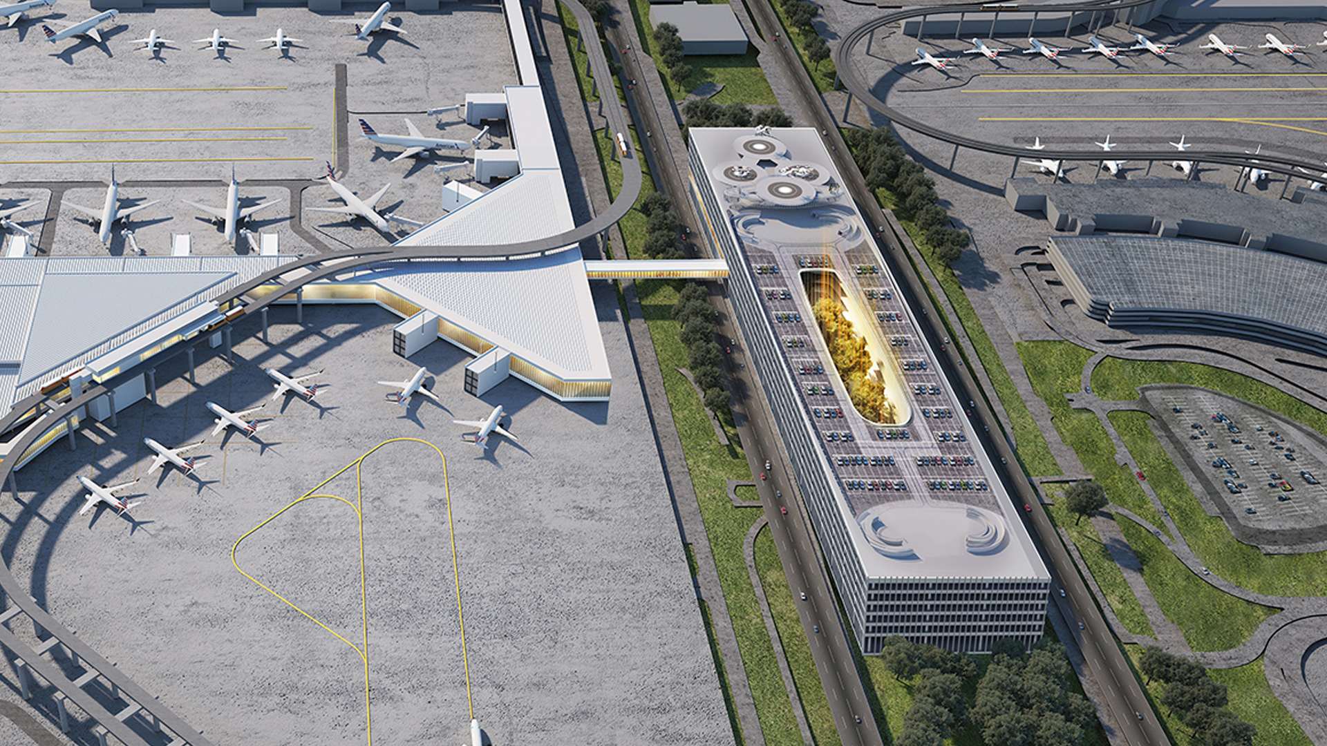 AA DFW new Terminal F overhead view rendering