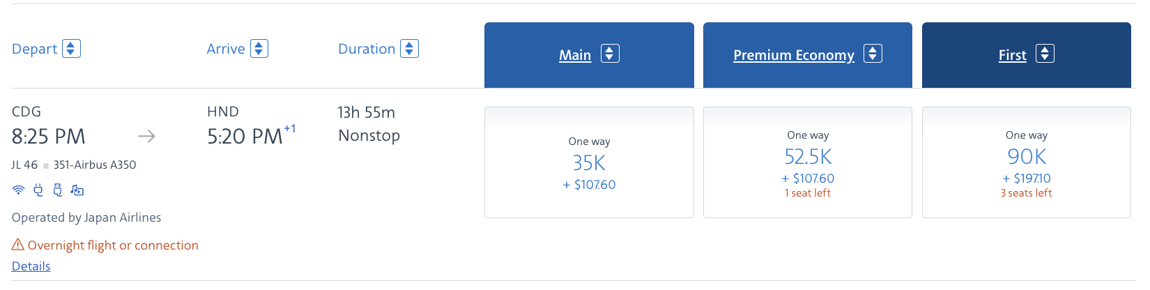 AAdvantage cost for JAL First class