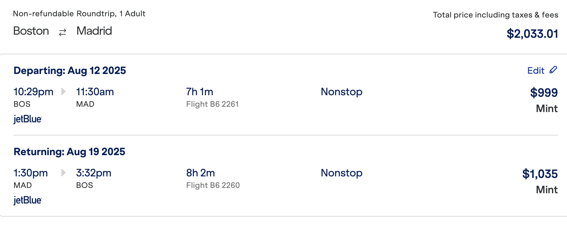 Boston to Madrid with JetBlue in MINT Boston to Madrid with JetBlue in MINT price