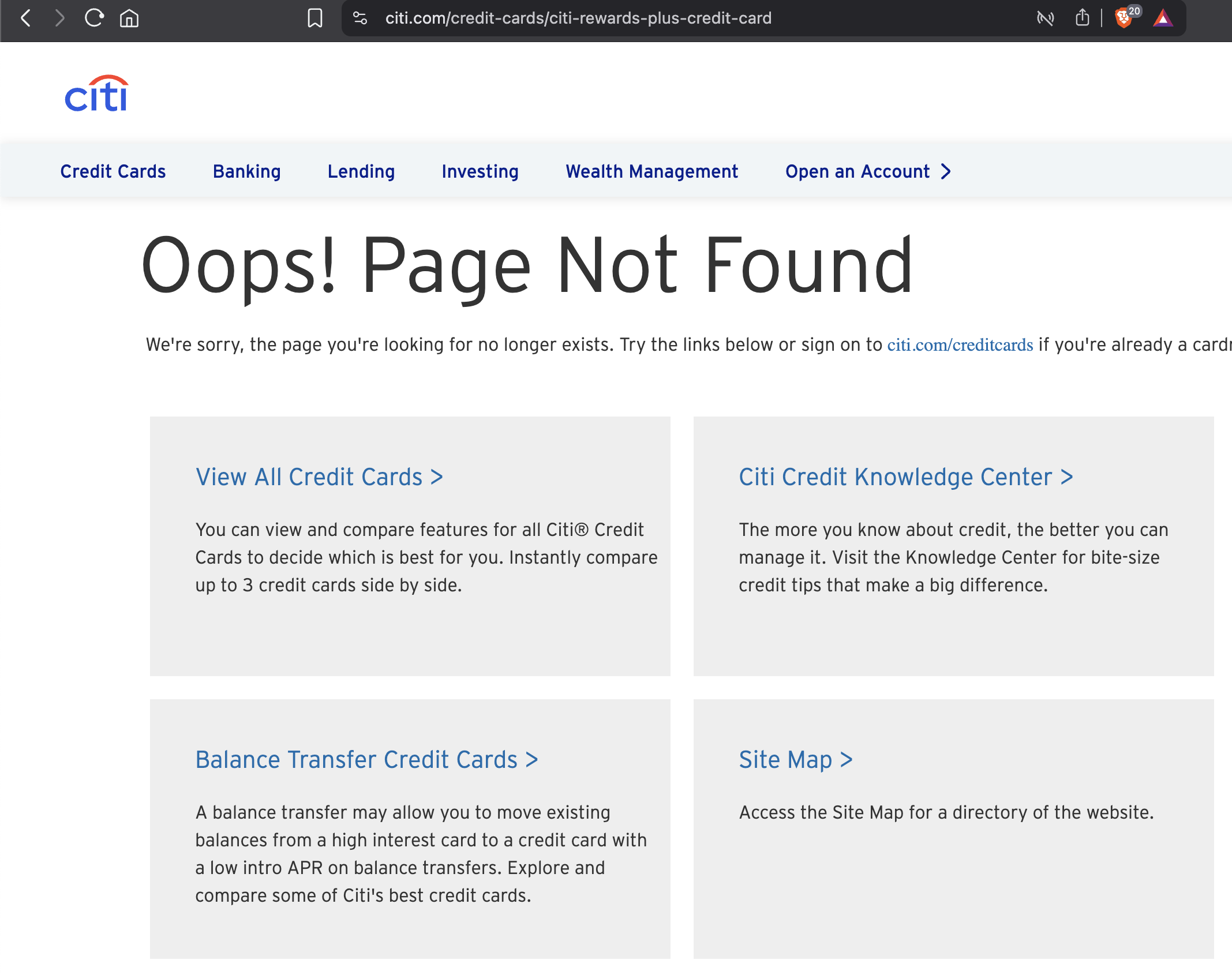 Citi Rewards card error page Citi Rewards card error page