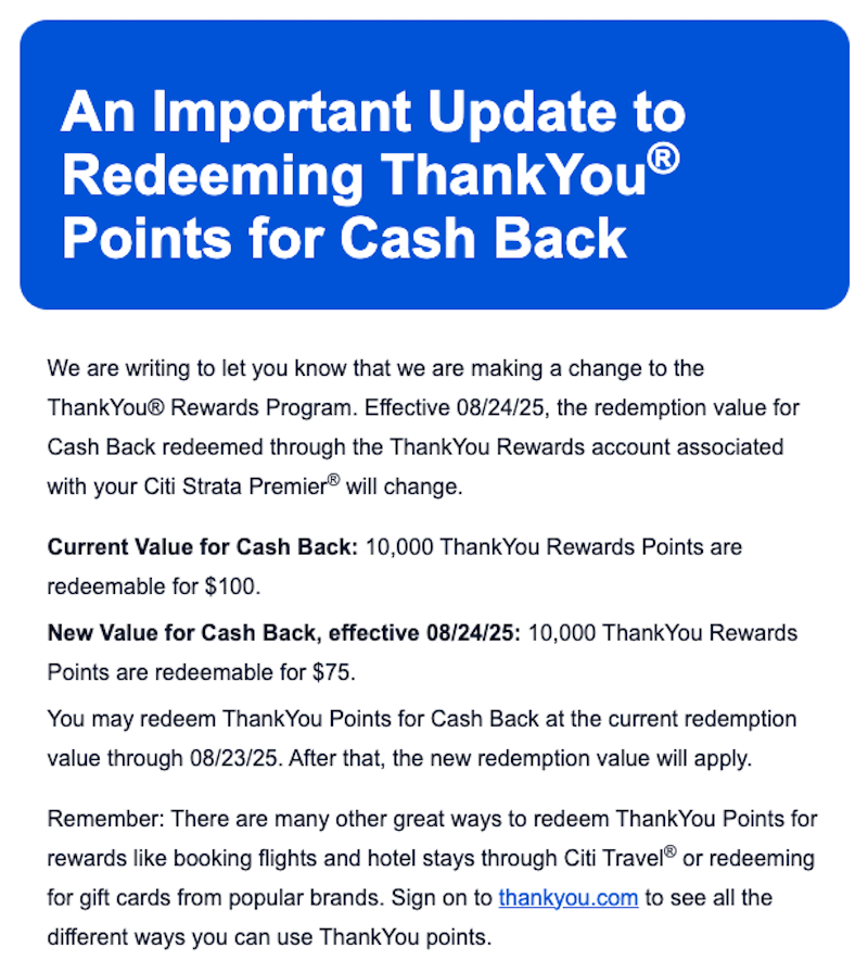 Citi Strata Premier points cash out rate change 2025 Citi Strata Premier points cash out rate change 2025