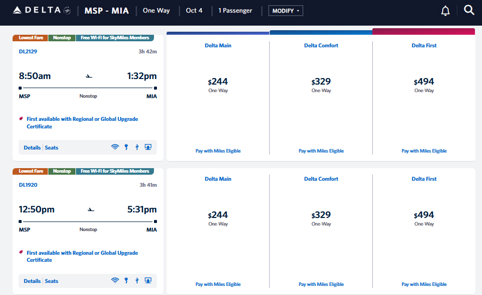 Delta MSP MIA one way fare for 1 passenger