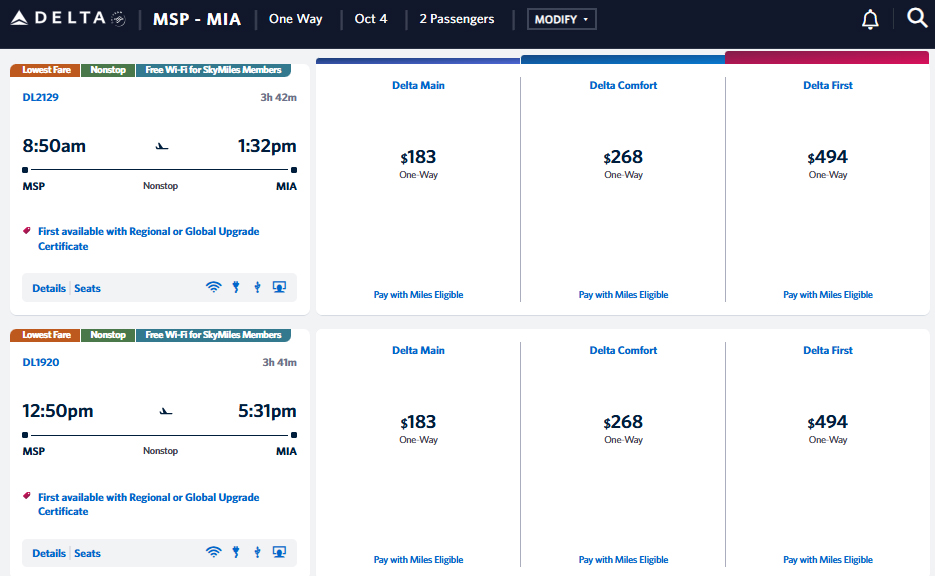 Delta MSP MIA one way fare for 2 passengers