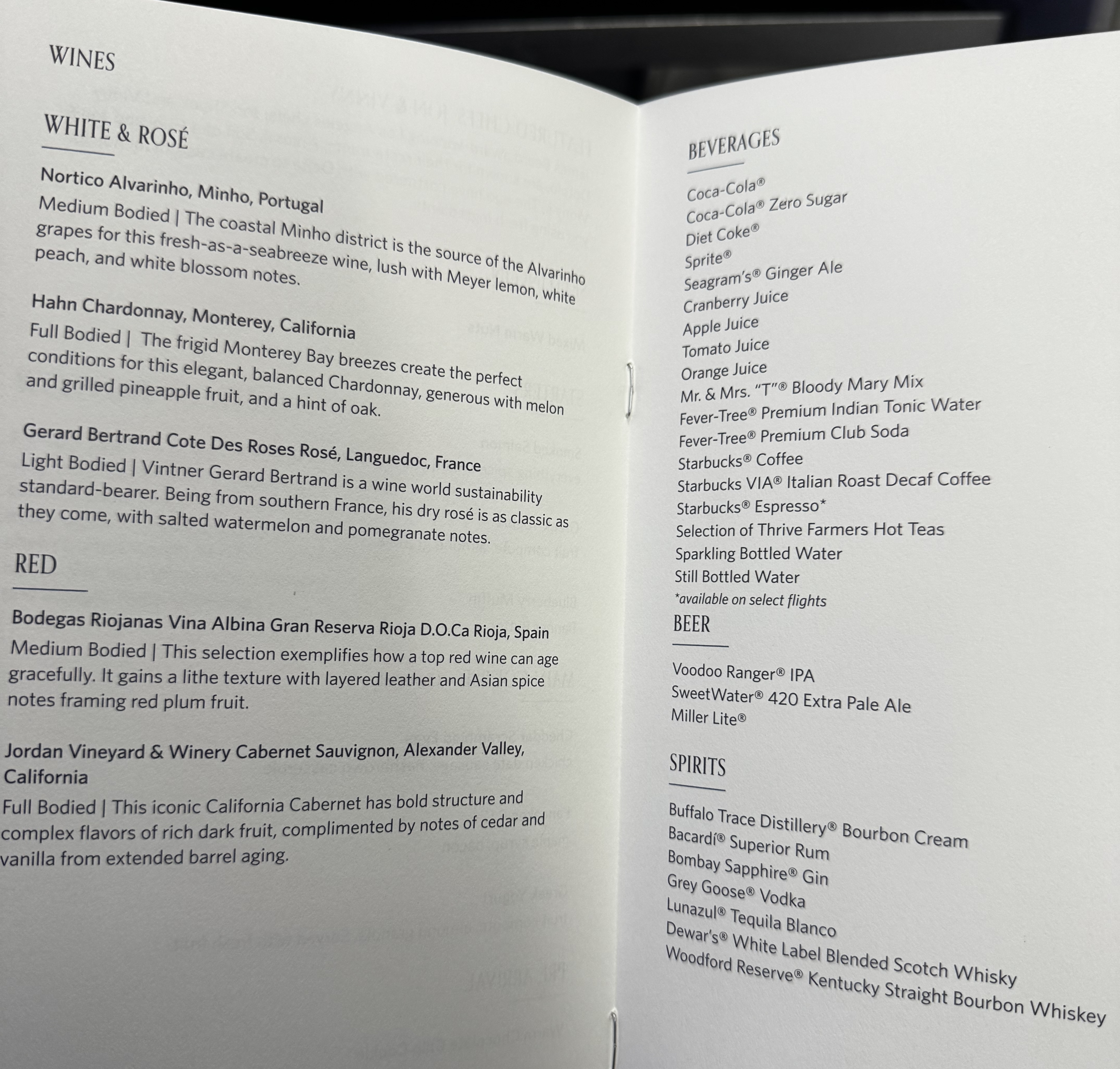 Delta One B757 200 LAX BOS drink menu