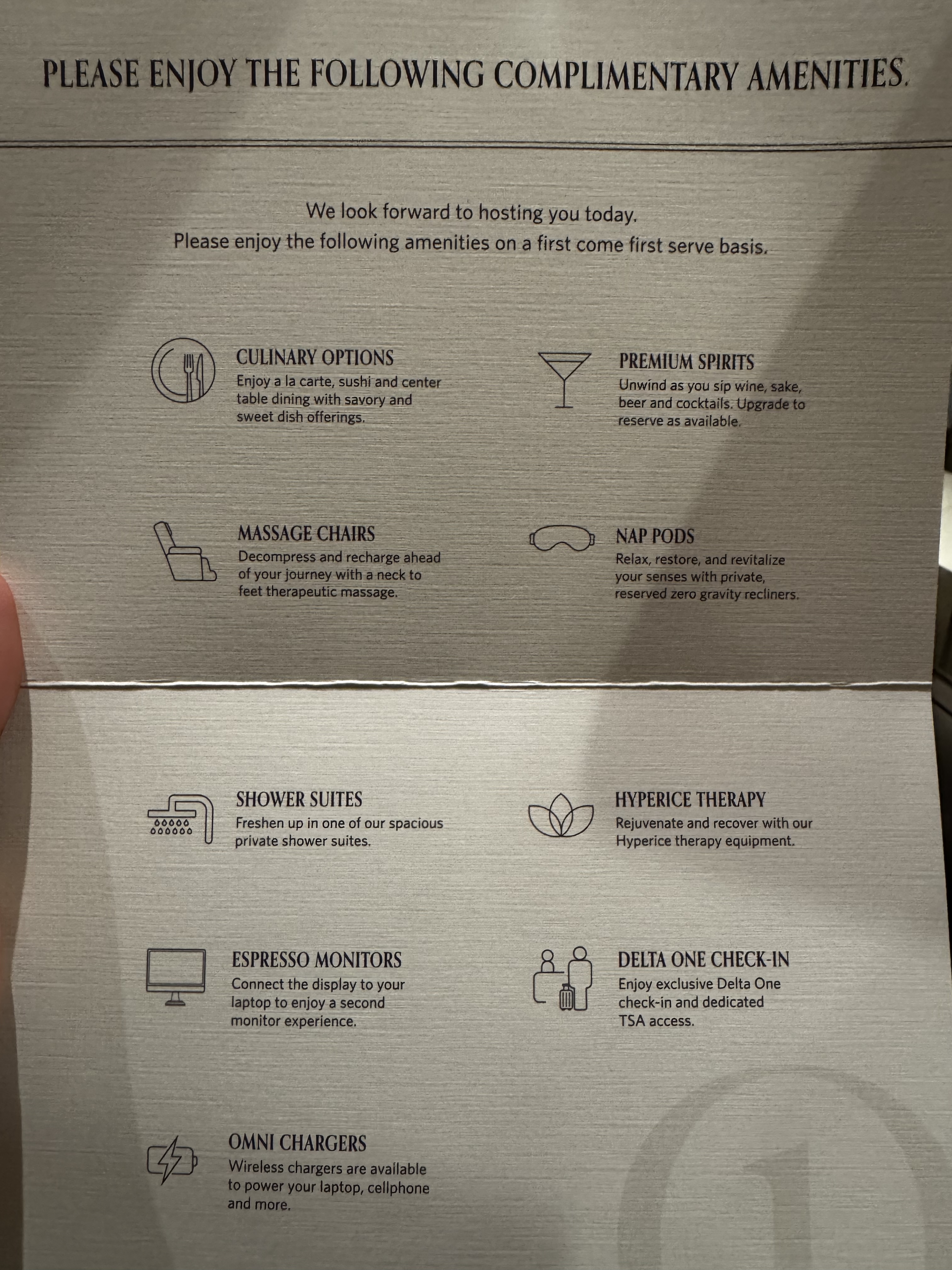 Delta One Lounge LAX amenities card