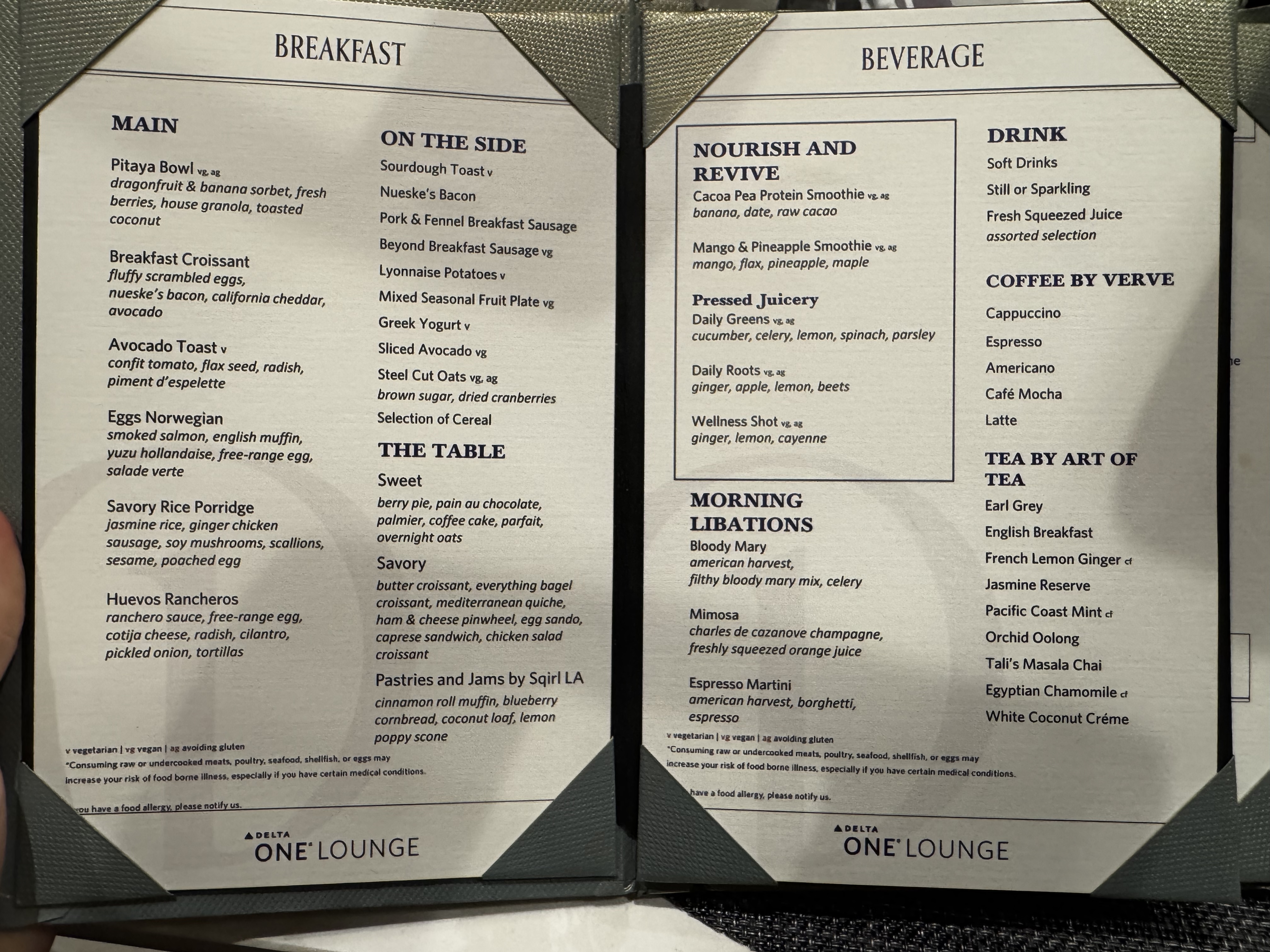 Delta One Lounge LAX breakfast menu