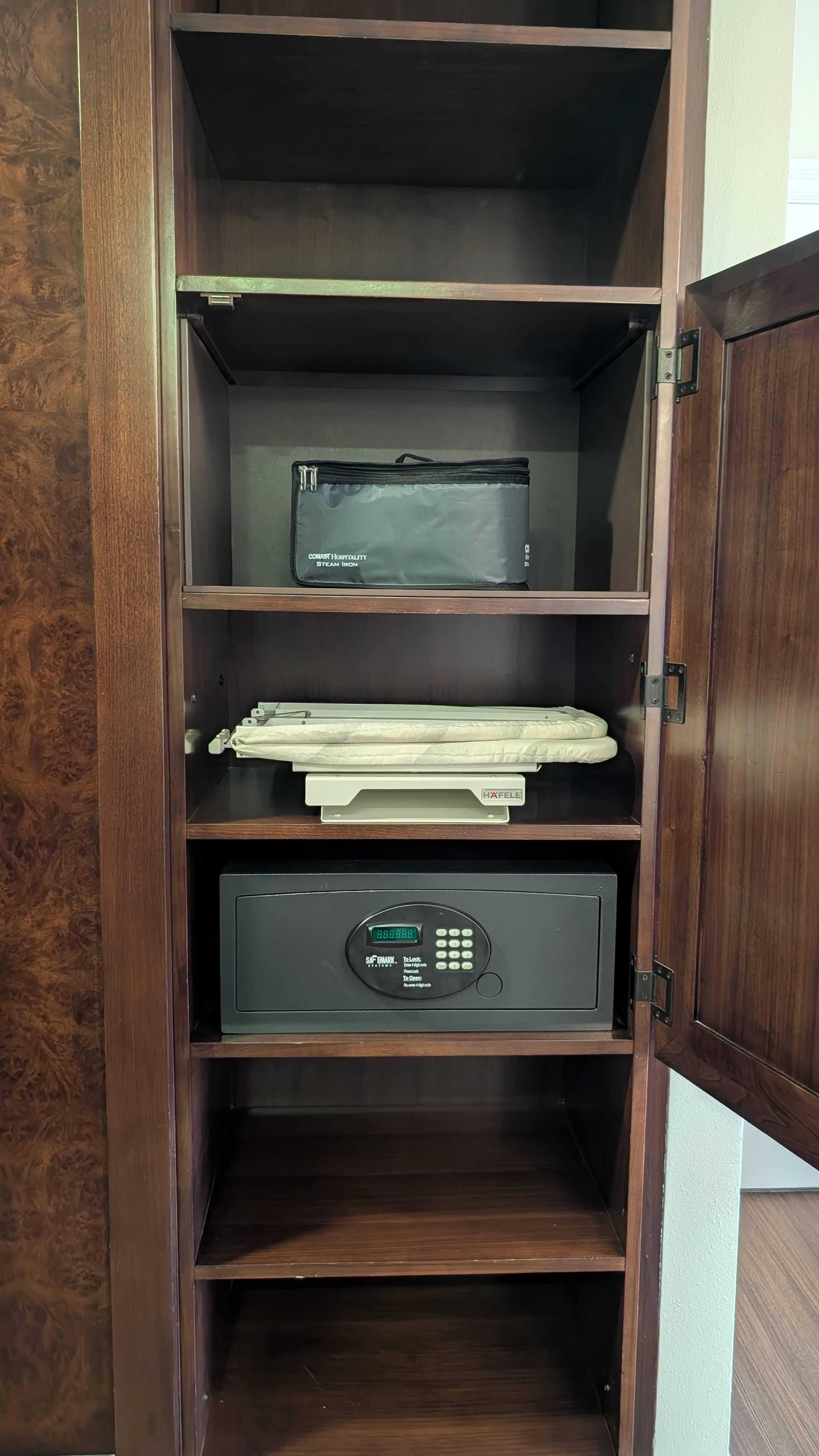 Disneys Yacht Club Resort guest room closet safe and shelves Disneys Yacht Club Resort guest room closet safe and shelves
