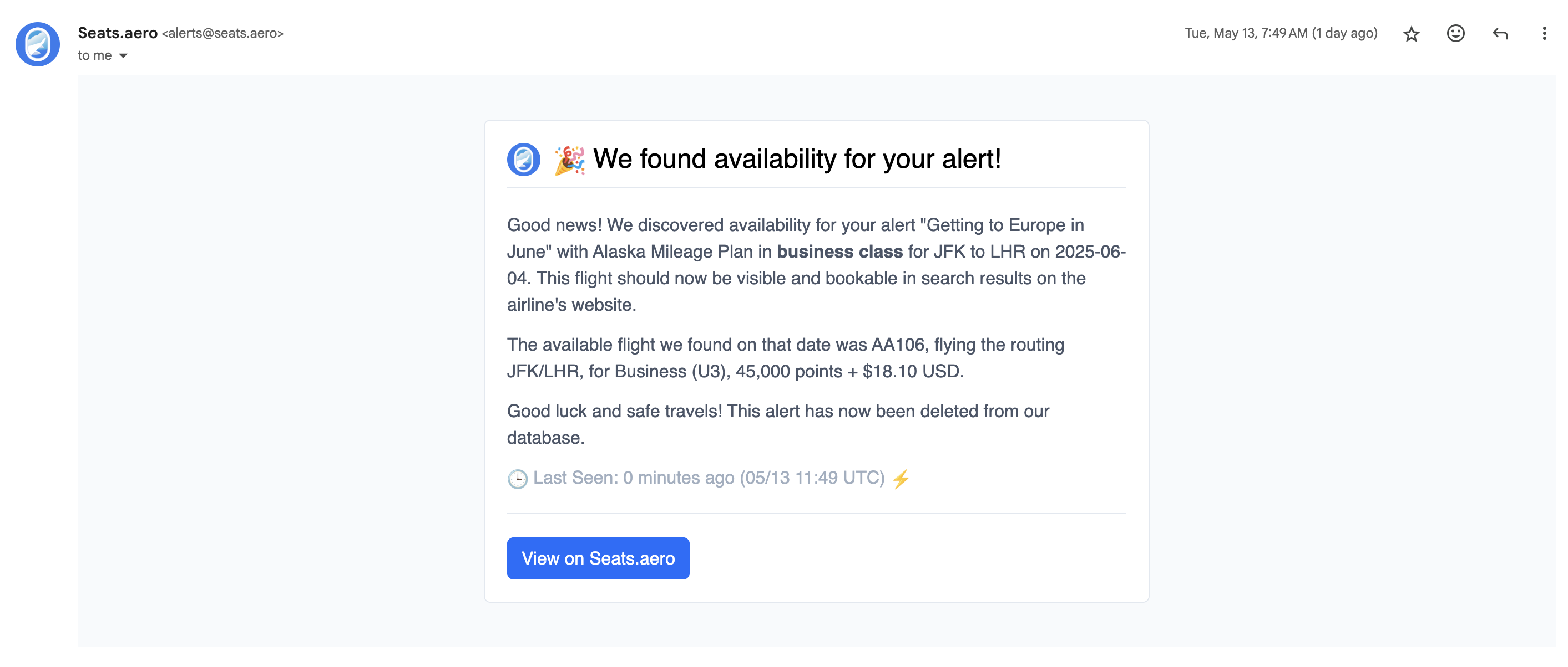 Email alert from seats.aero