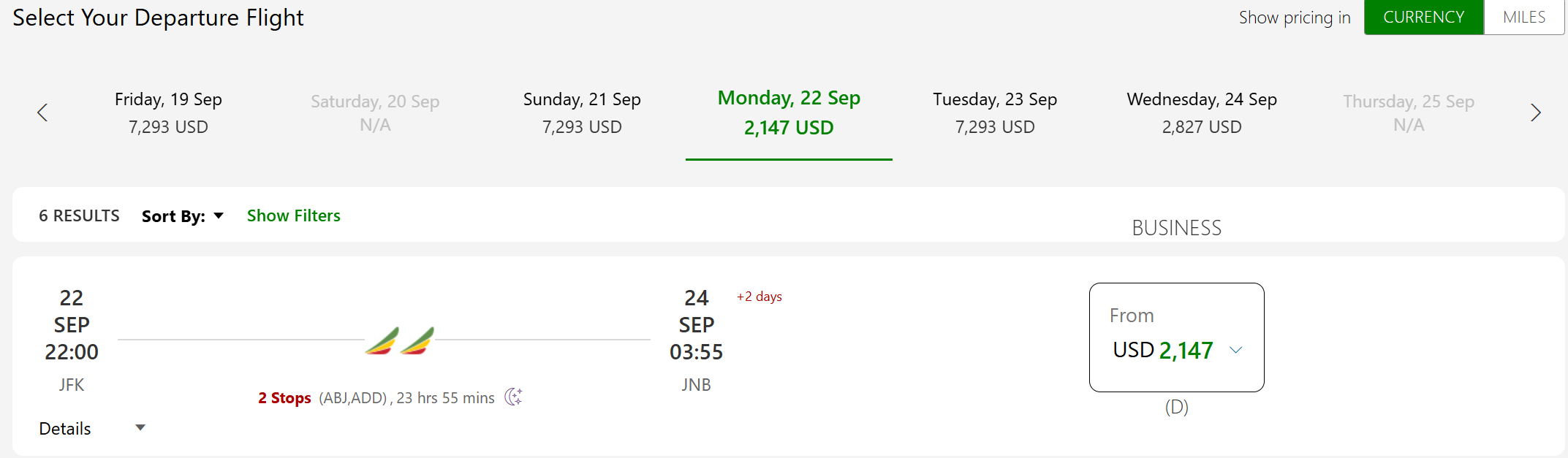 Ethiopian JFK JNB fare