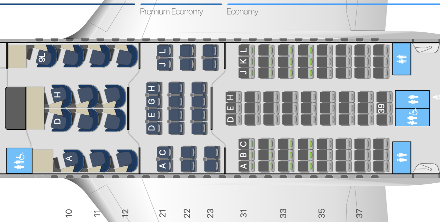 Finnair A350 seat map with premium economy and lavatories Finnair A350 seat map with premium economy and lavatories