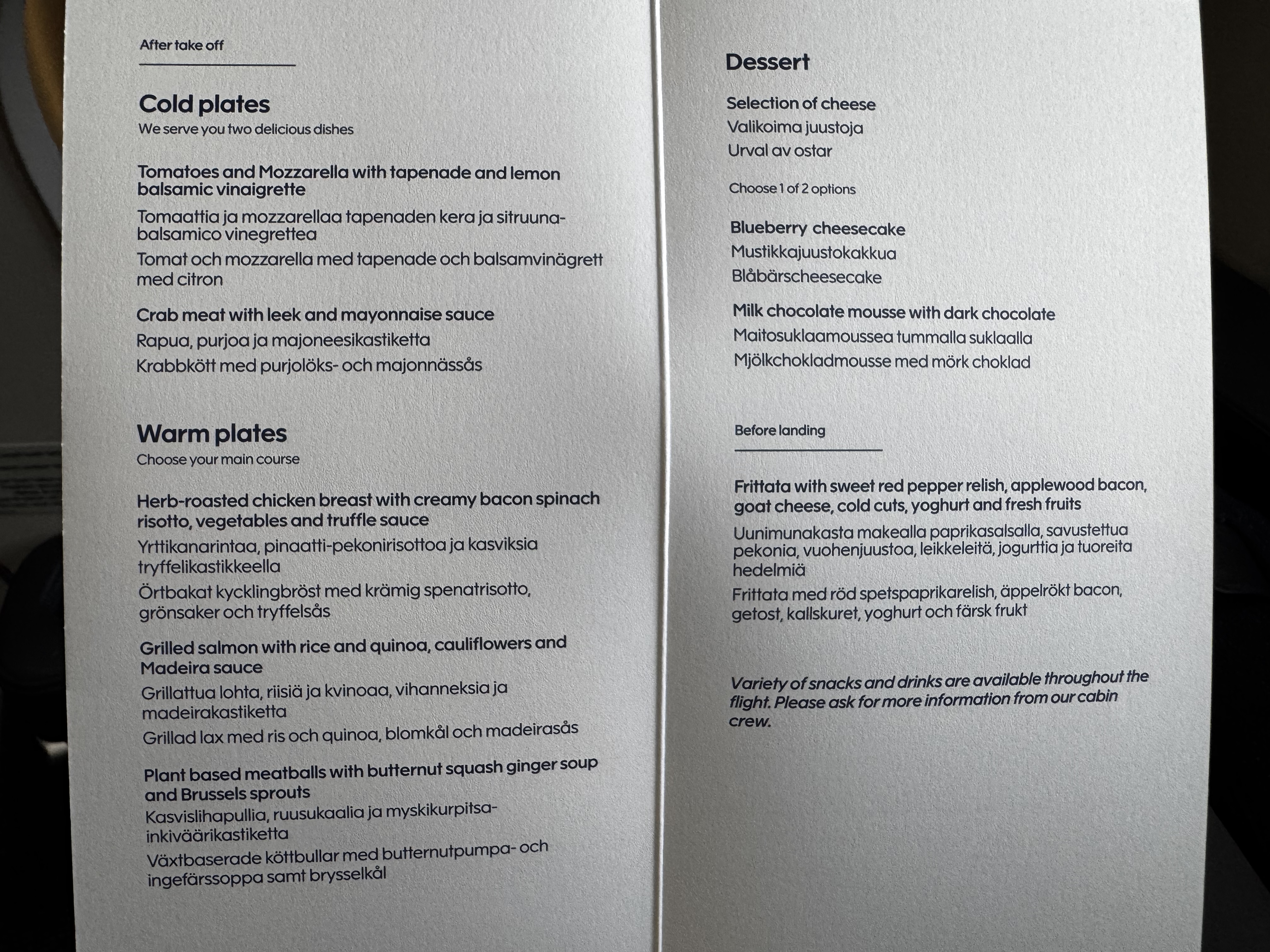 Finnair A350XWB business class menu