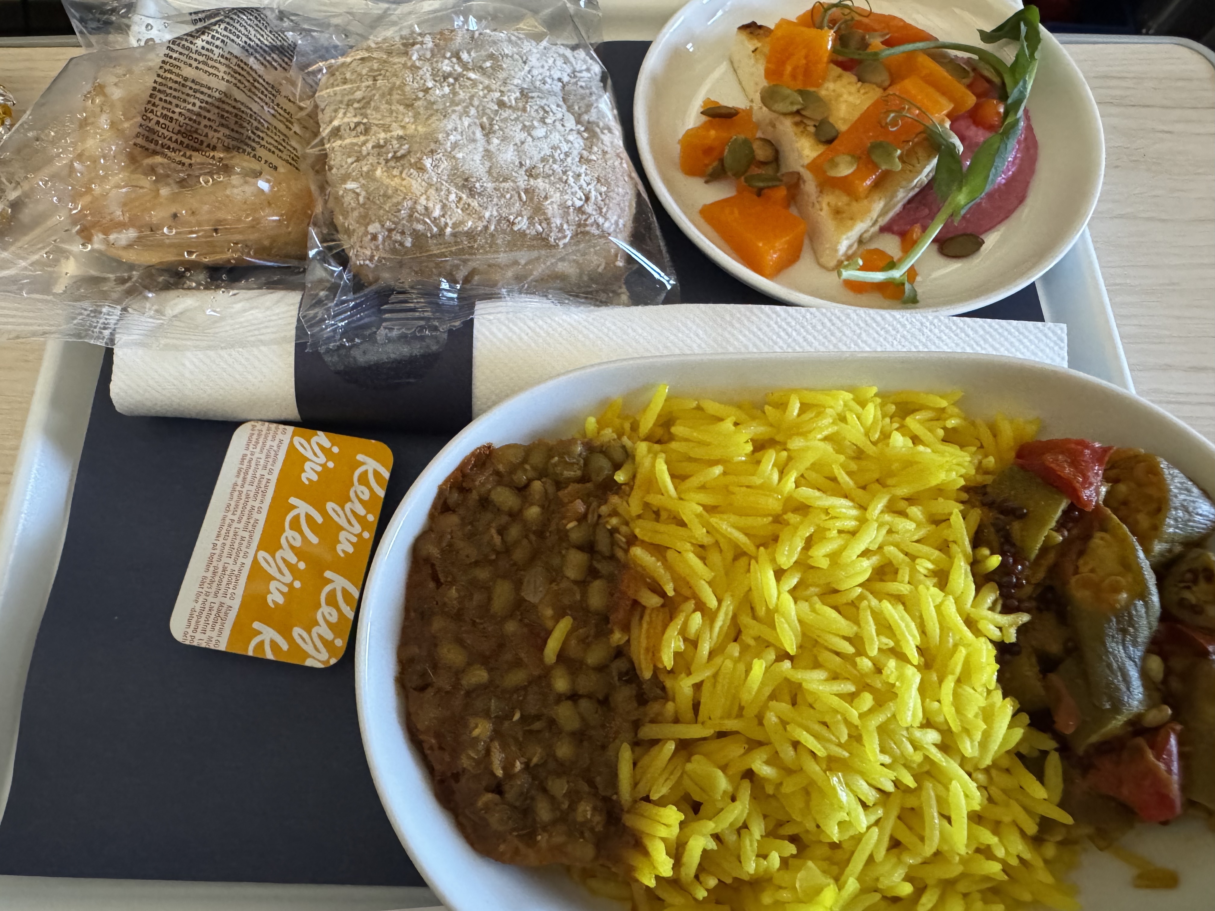 Finnair A350XWB premium economy vegan meal closeup Finnair A350XWB premium economy vegan meal closeup