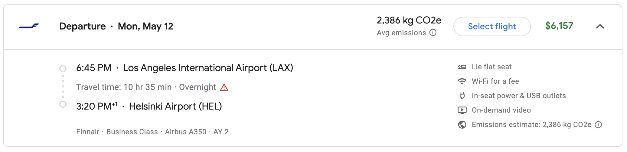 Finnair business class price LAX-HEL