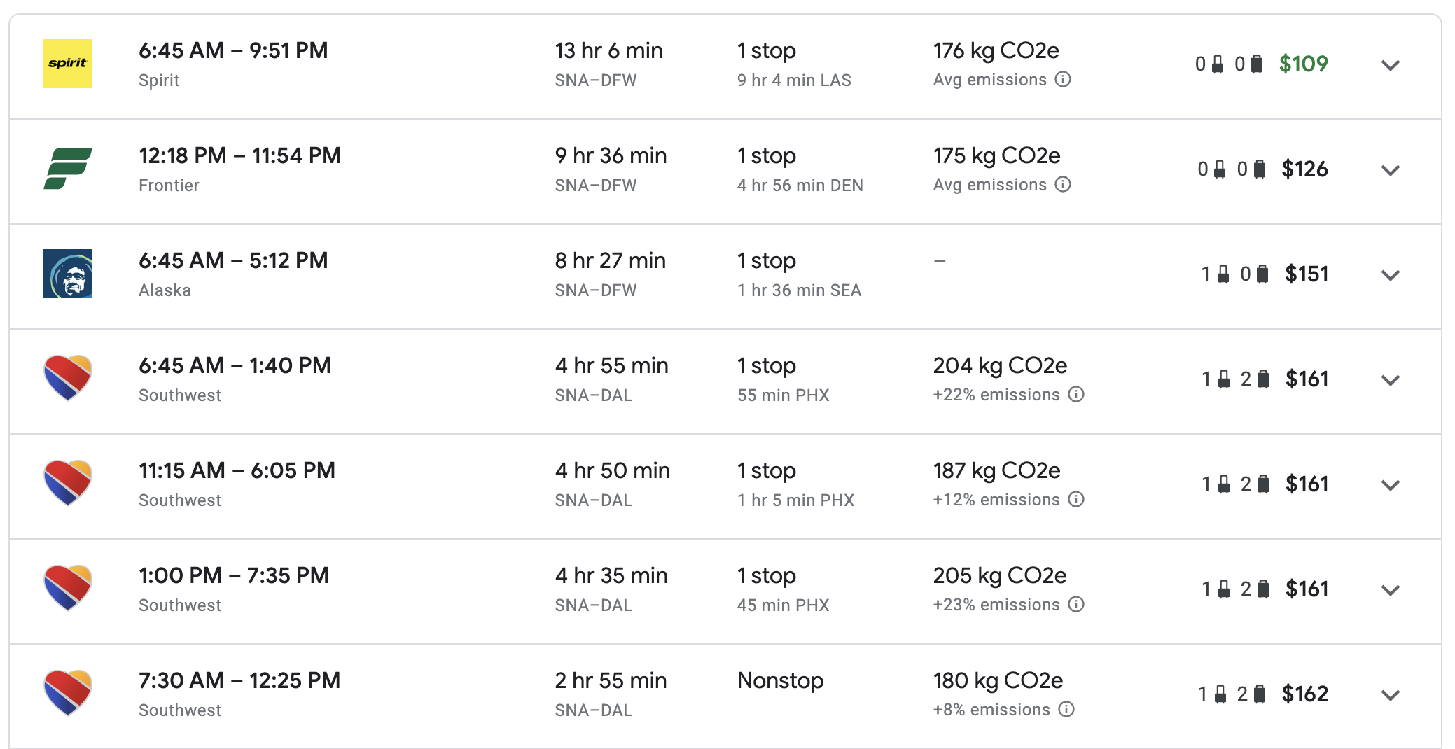 Flight costs SNA to DAL DFW
