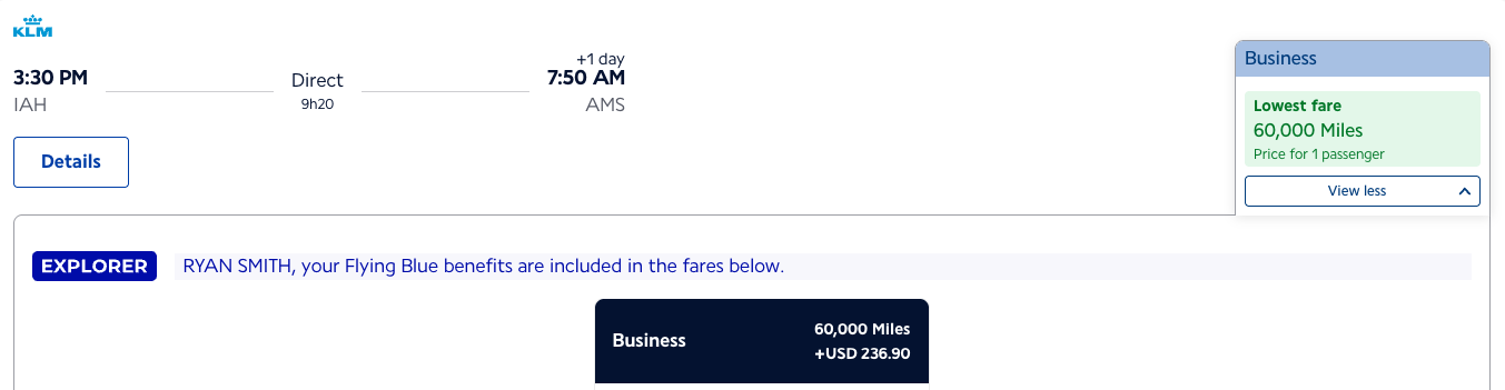 Flying Blue redemption IAH AMS 60k miles in business