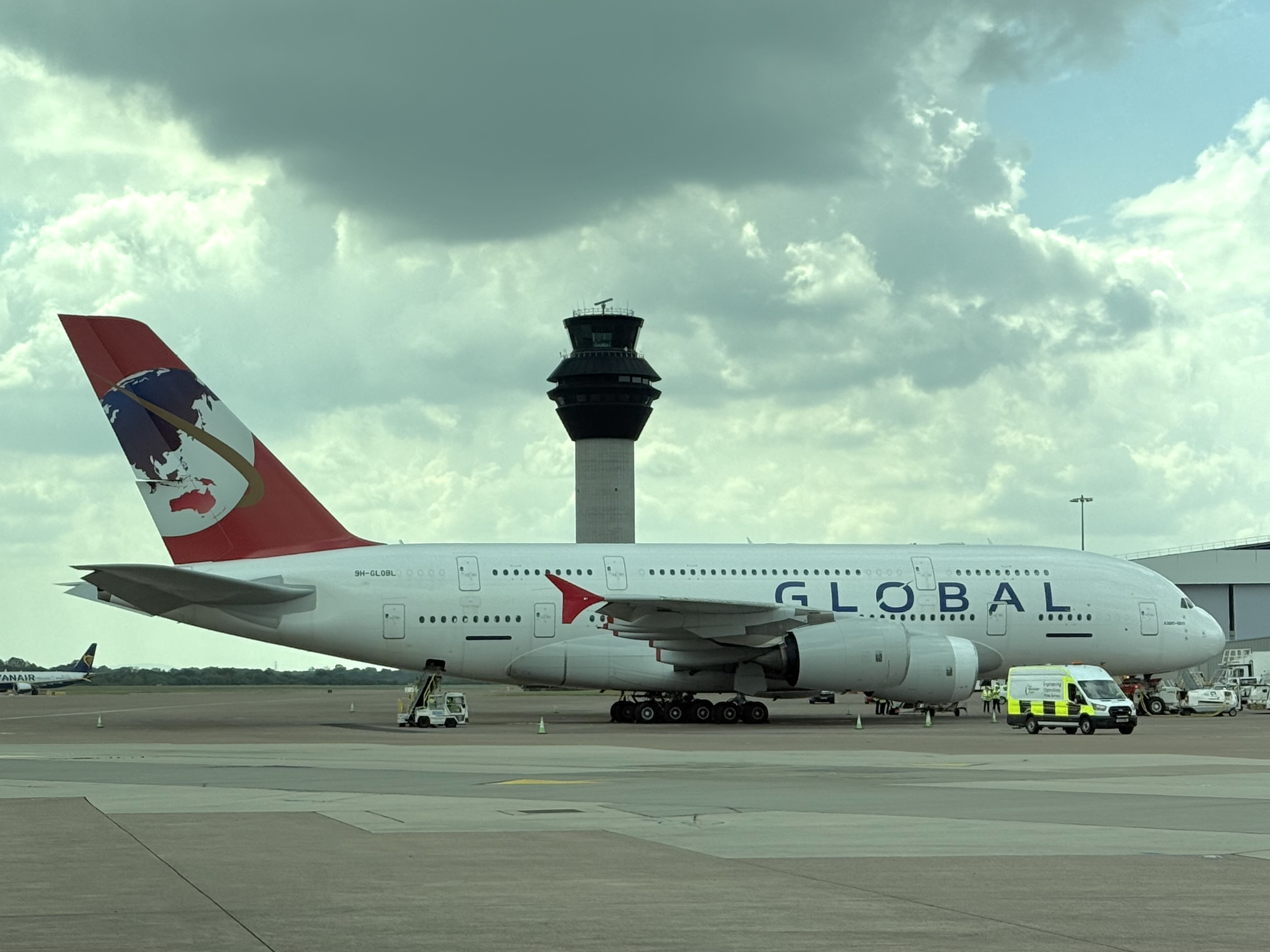 Global Airlines Airbus A380 at Manchester Airport UK Global Airlines Airbus A380 at Manchester Airport UK