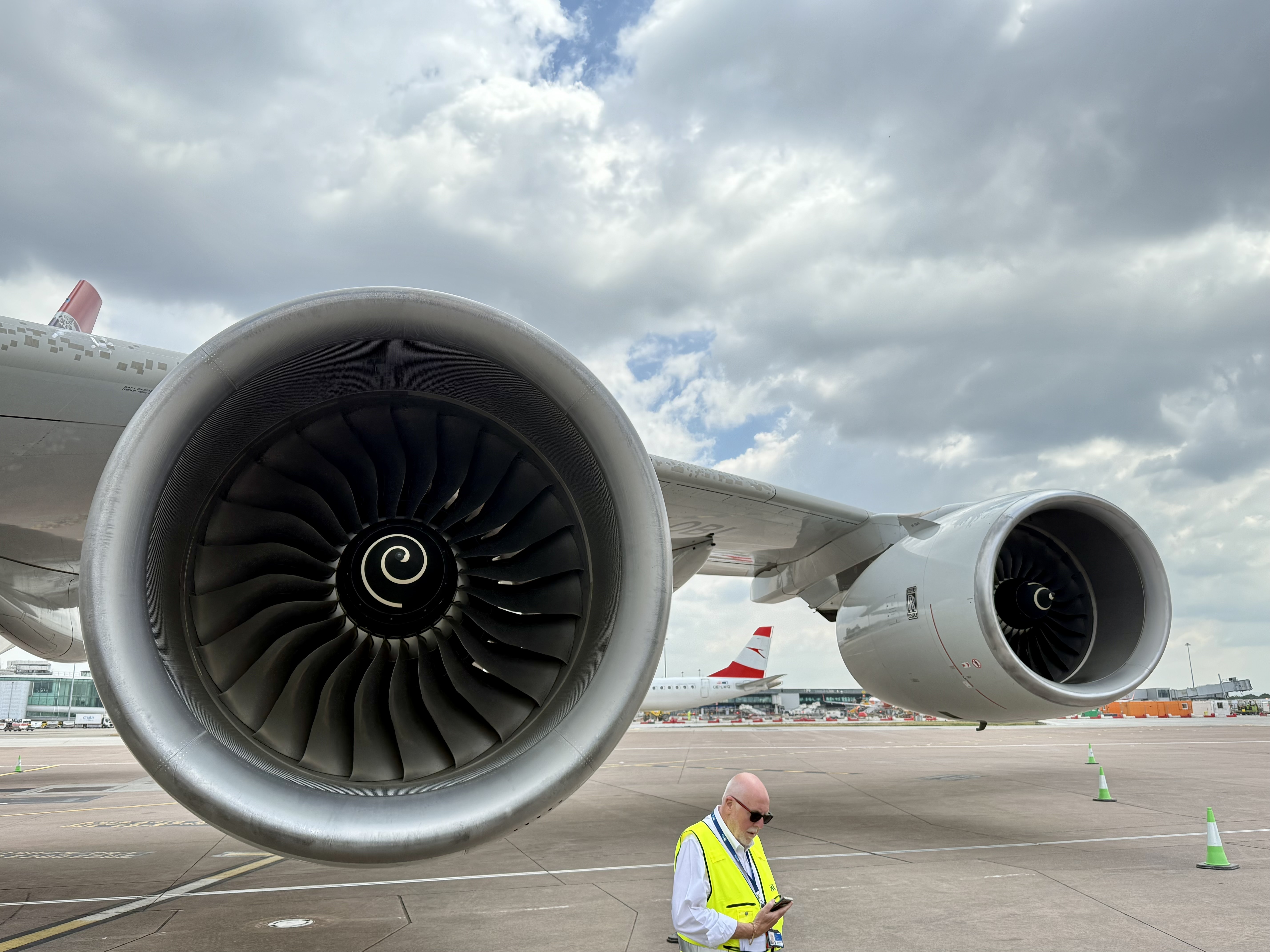 Global Airlines Airbus A380 engines at Manchester Airport UK Global Airlines Airbus A380 engines at Manchester Airport UK