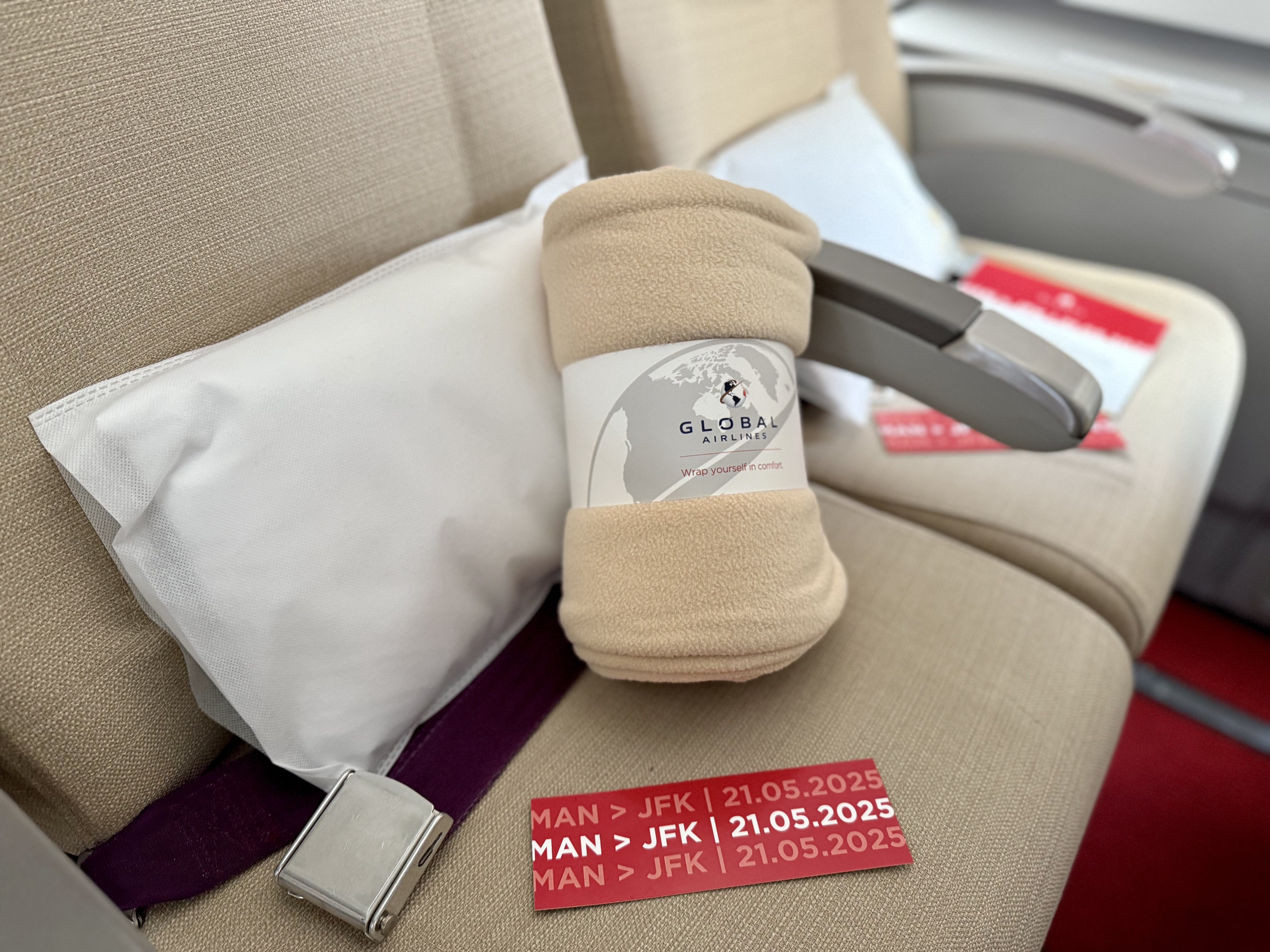 Global Airlines economy class blanket and pillow