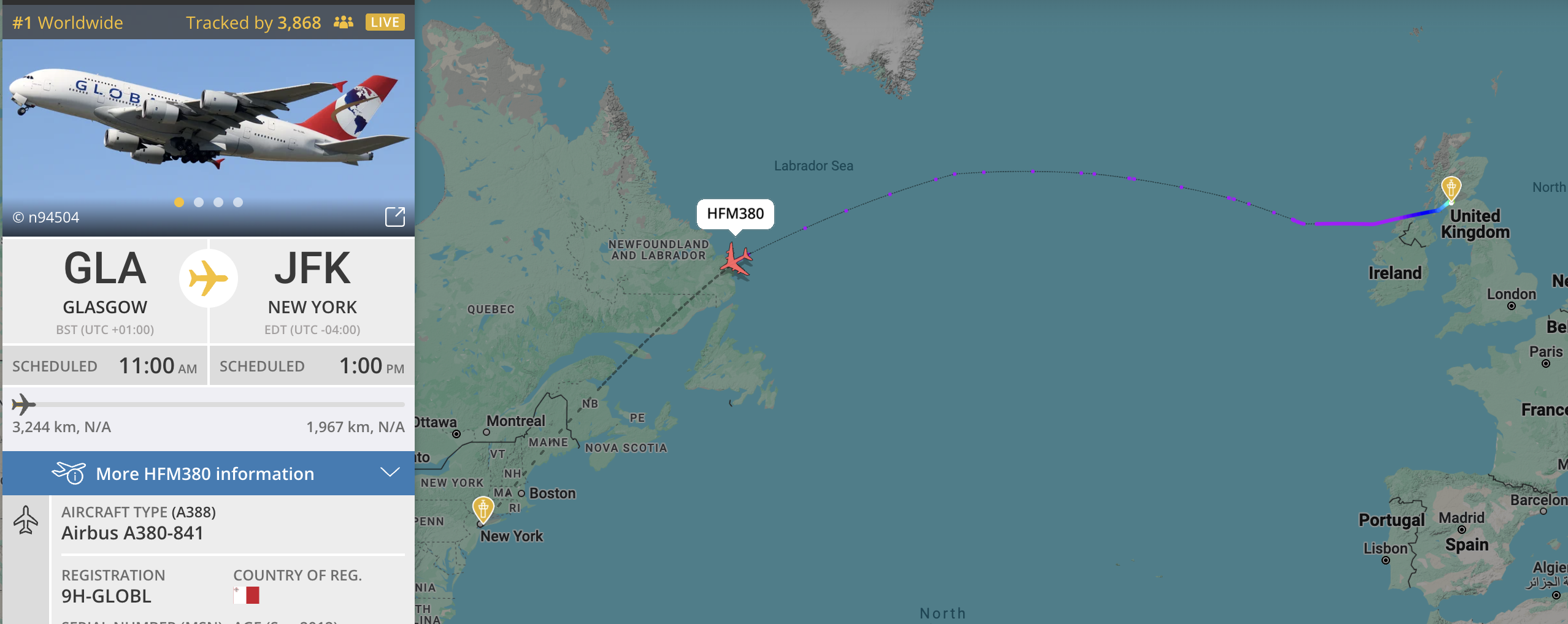 Global Airlines flight from Glasgow to New York JFK