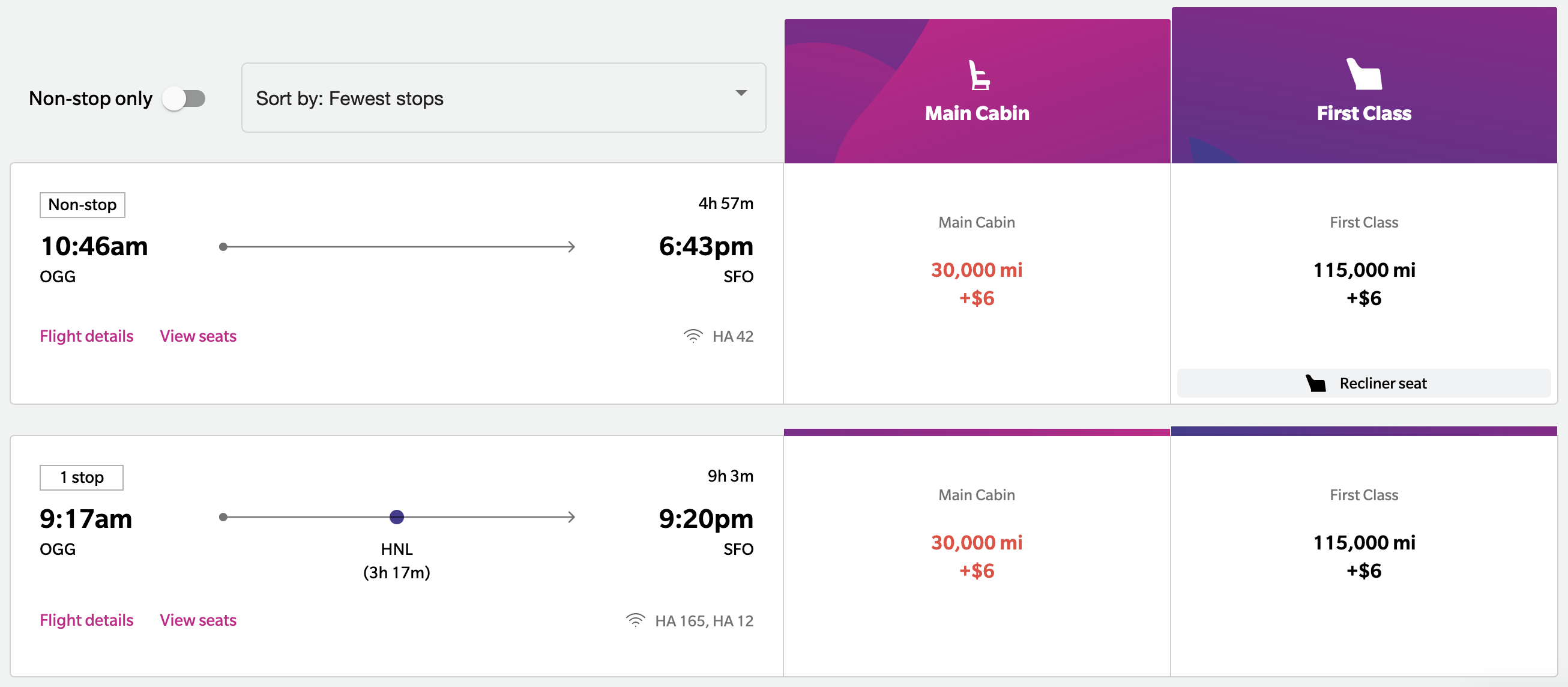 HawaiianMiles award rate OGG SFO HawaiianMiles award rate OGG SFO