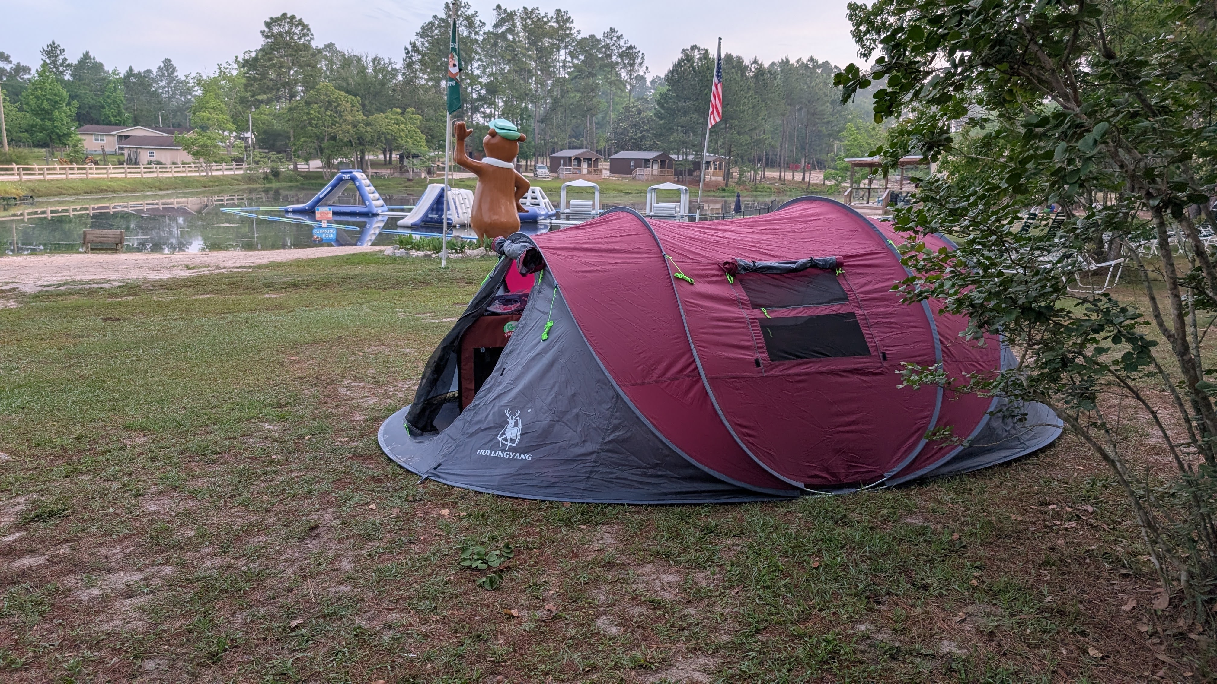 Instant 6 person pop up tent camping at a Jellystone Park pond in Elberta Alabama Instant 6 person pop up tent camping at a Jellystone Park pond in Elberta Alabama