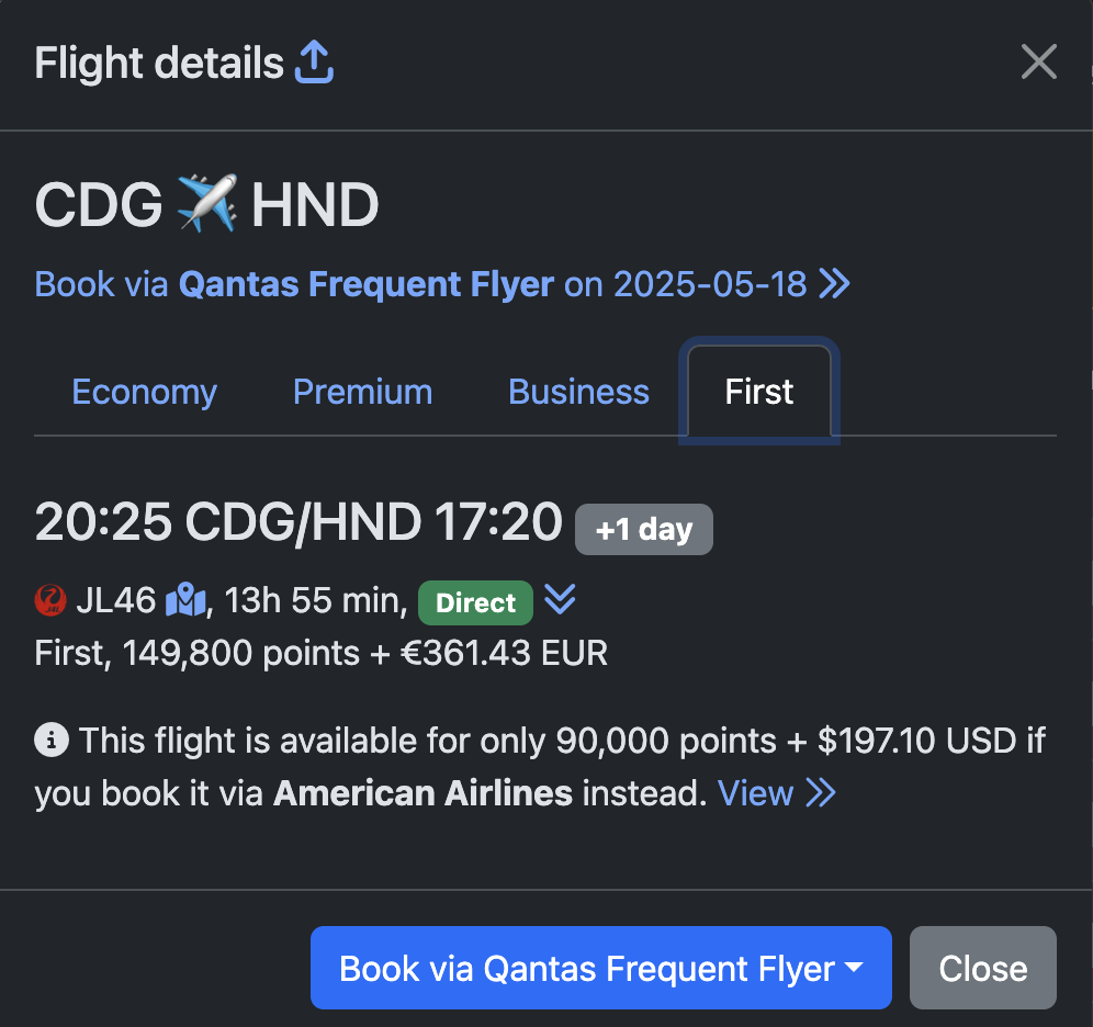 JAL pricing Qantas vs AAdvantage seats.aero