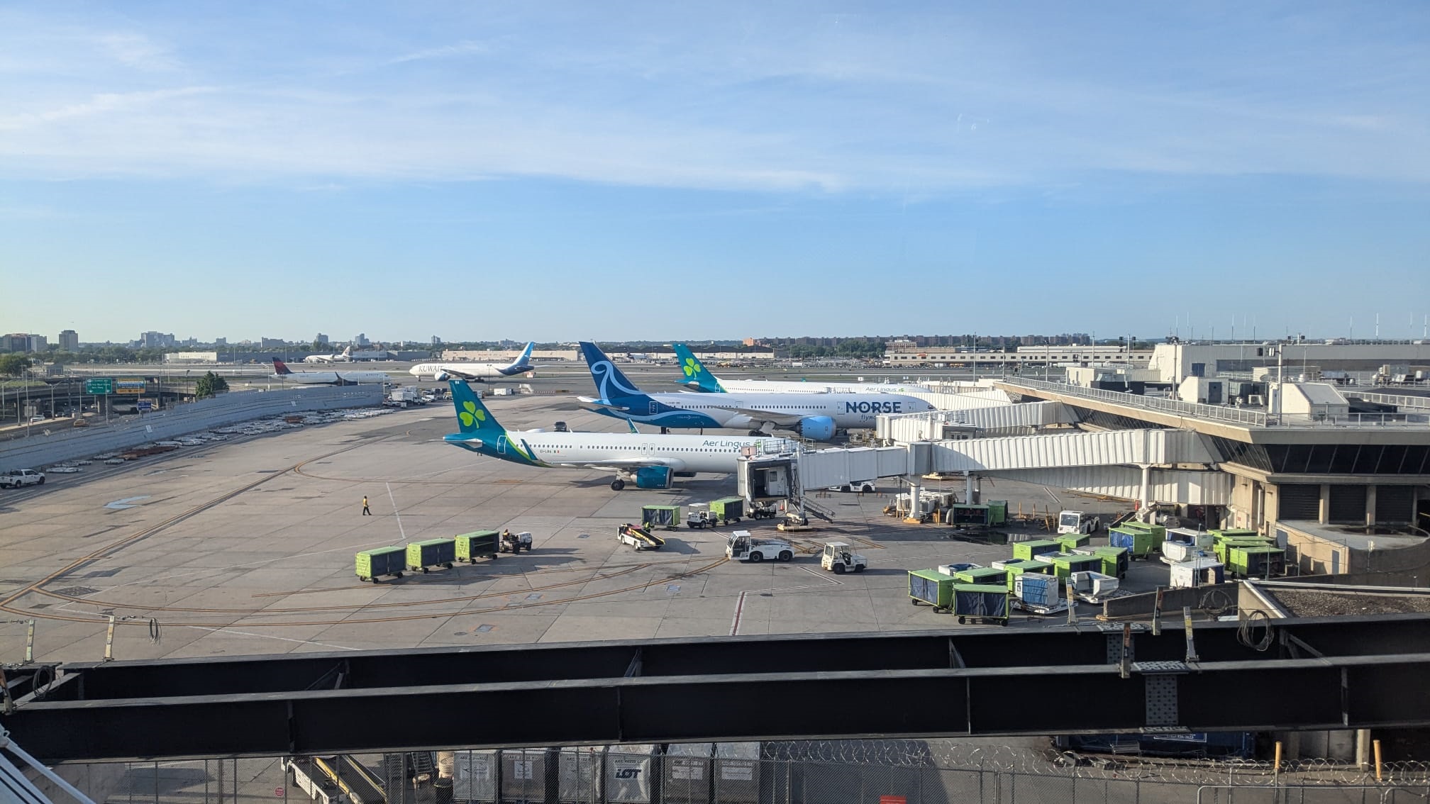 JFK Terminal 7 Aer Lingus A321neo Norse 787 9 Aer Lingus aircraft at the gate in New York.