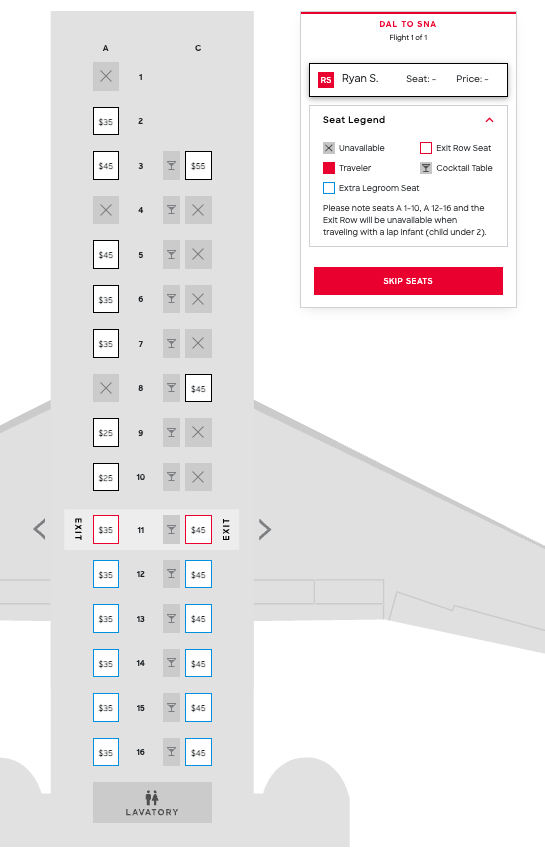 JSX DAL SNA seat map cost