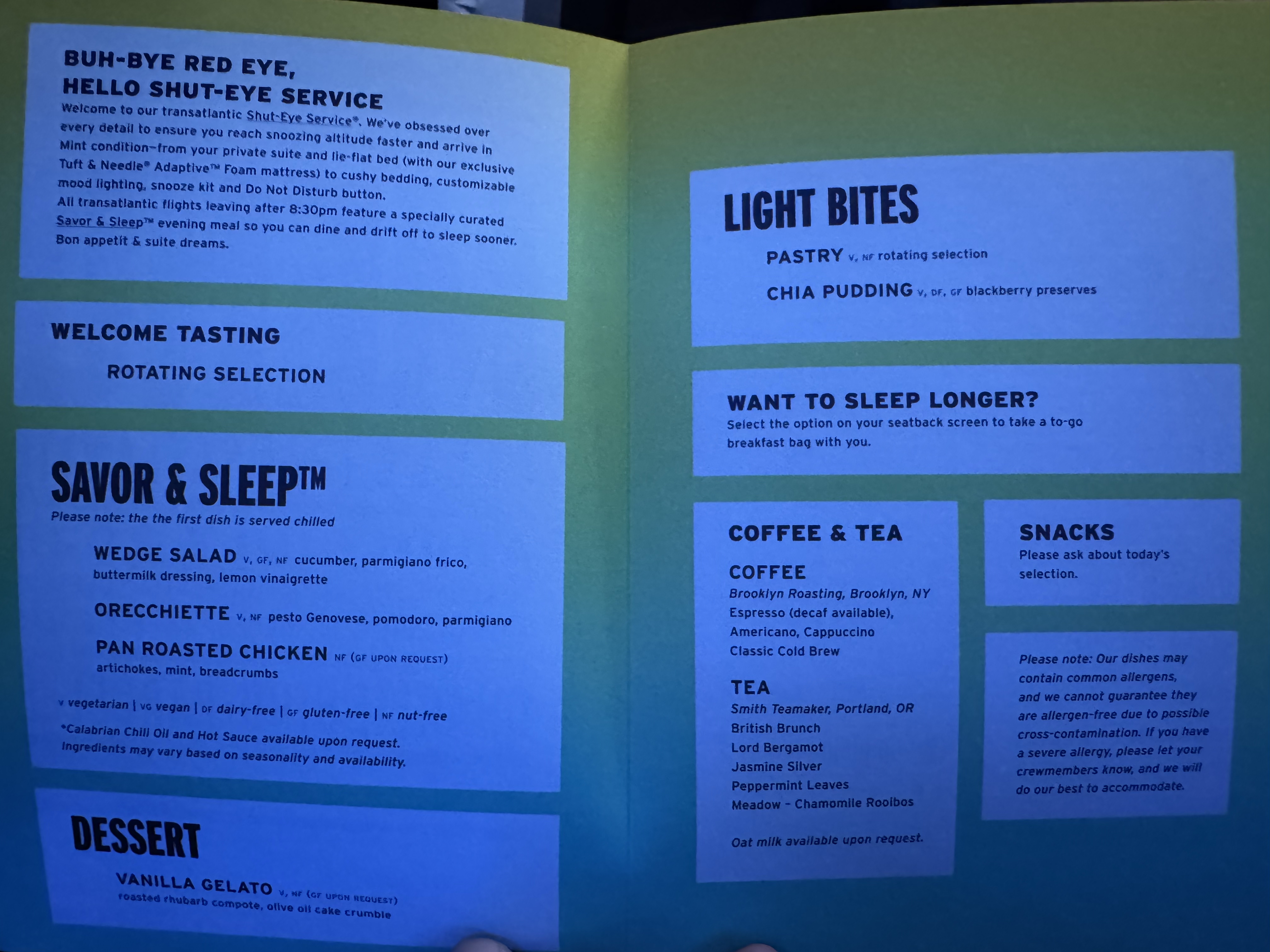 JetBlue Mint A321XLR BOS MAD menu JetBlue Mint A321XLR BOS MAD menu