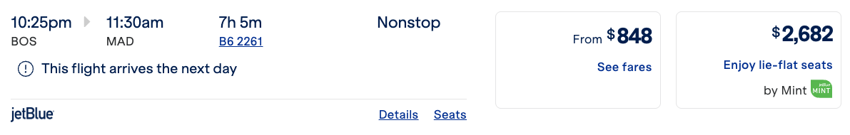 JetBlue Mint BOS MAD cash price JetBlue Mint BOS MAD cash price