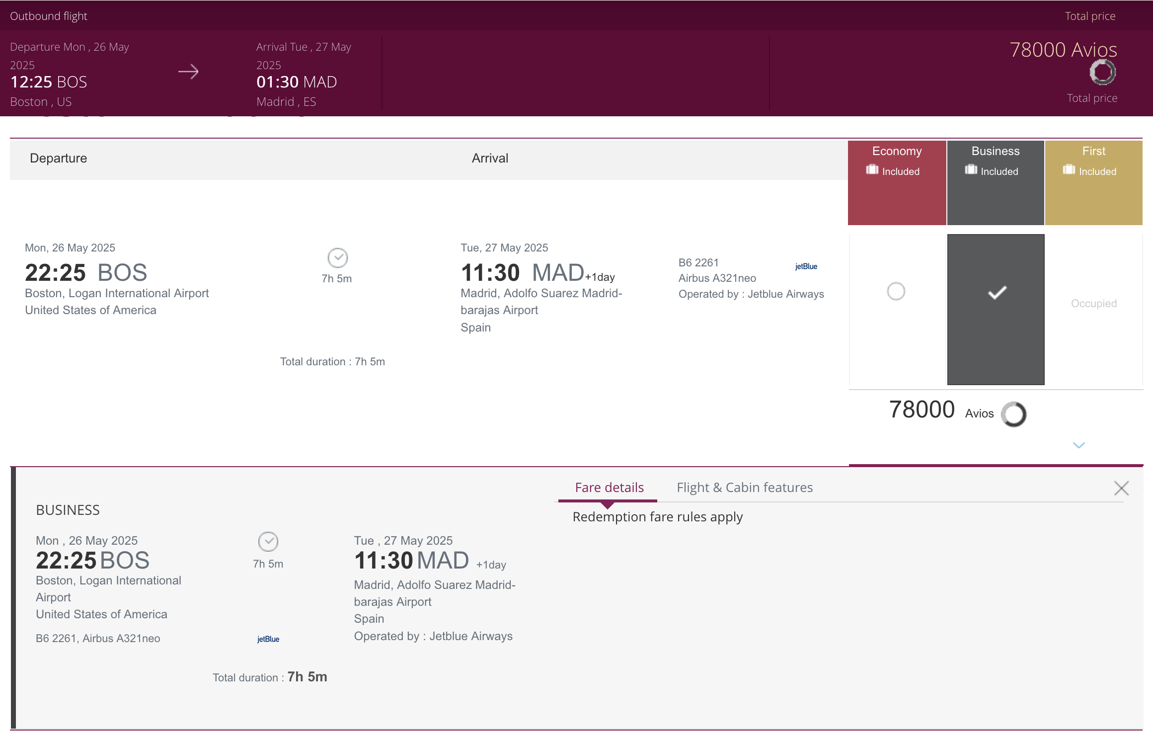 JetBlue Mint BOS MAD pricing using Qatar Avios JetBlue Mint BOS MAD pricing using Qatar Avios