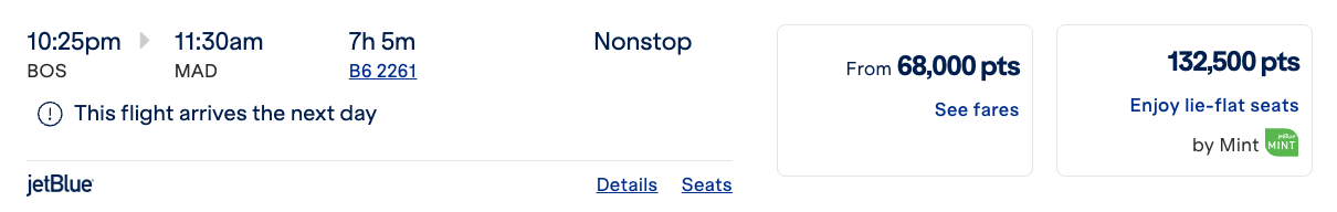 JetBlue Mint BOS MAD pricing using TrueBlue points JetBlue Mint BOS MAD pricing using TrueBlue points
