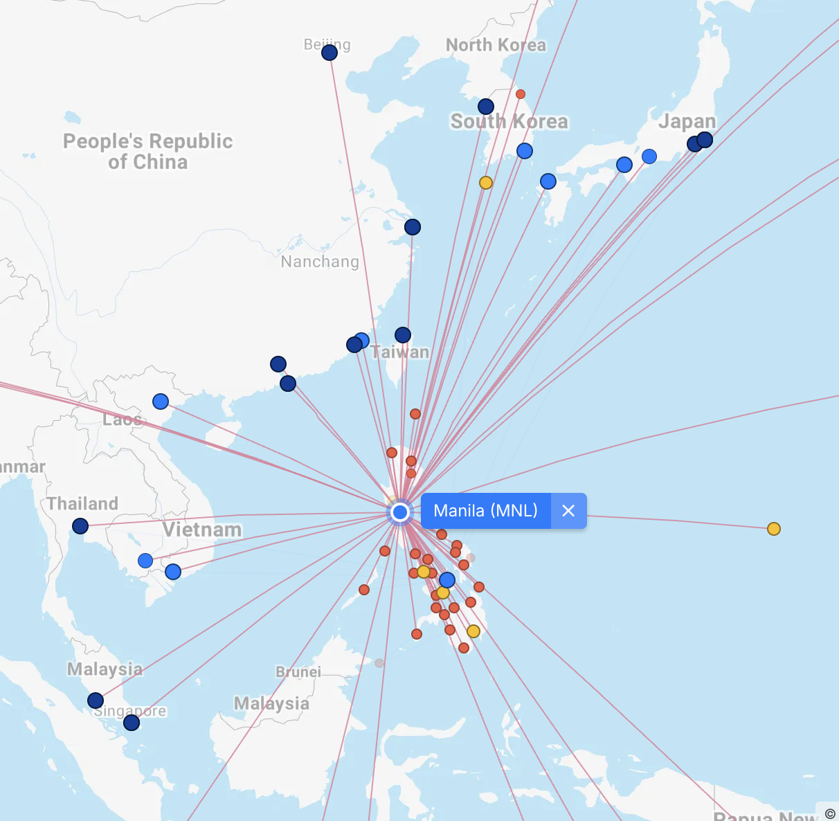 Map of Philippine Airlines routes Map of Philippine Airlines routes