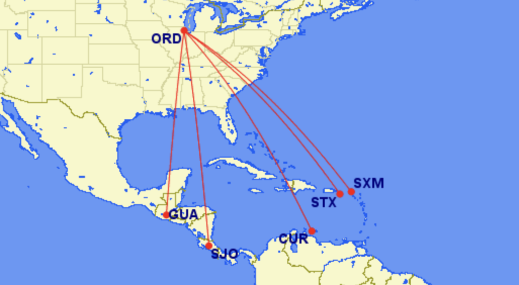 Map of new international American Airlines routes from Chicago ORD Map of new international American Airlines routes from Chicago ORD