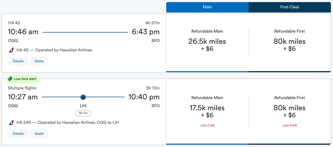 Mileage Plan award rate OGG SFO Mileage Plan award rate OGG SFO