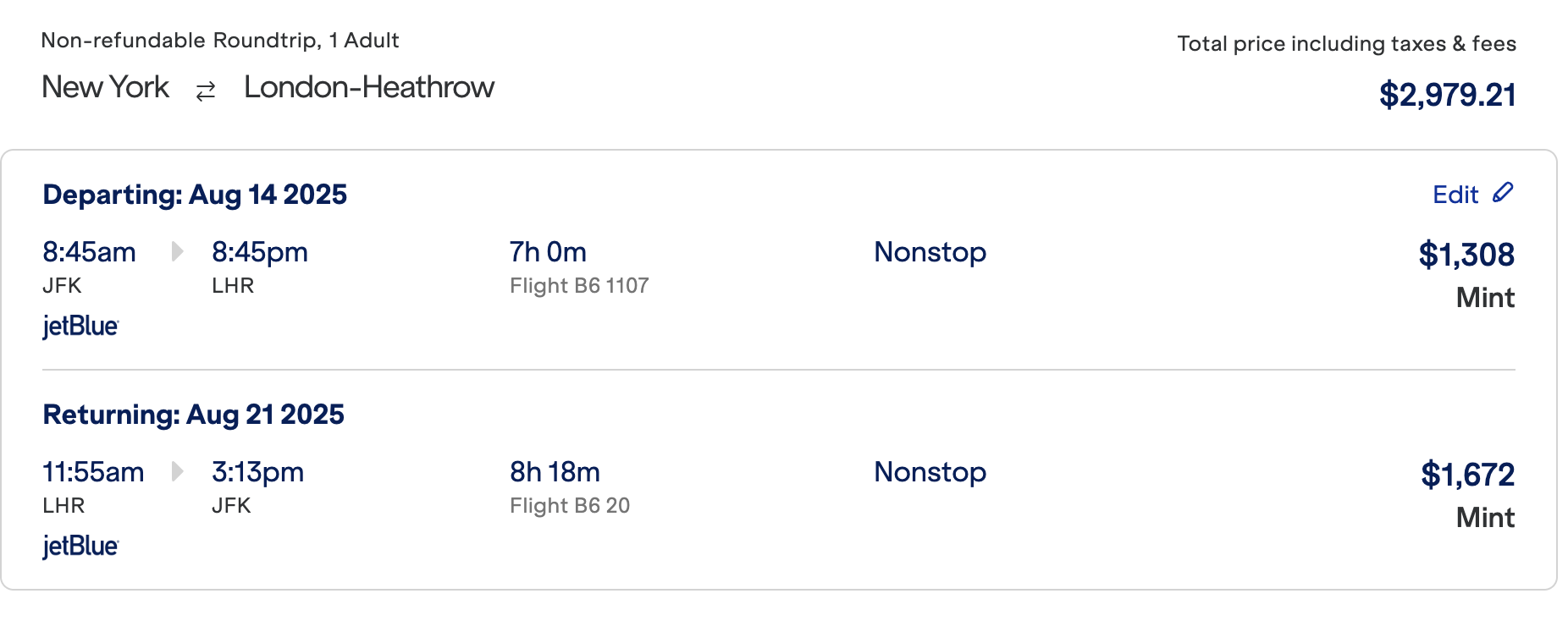 New York to London with JetBlue in MINT New York to London with JetBlue in MINT price