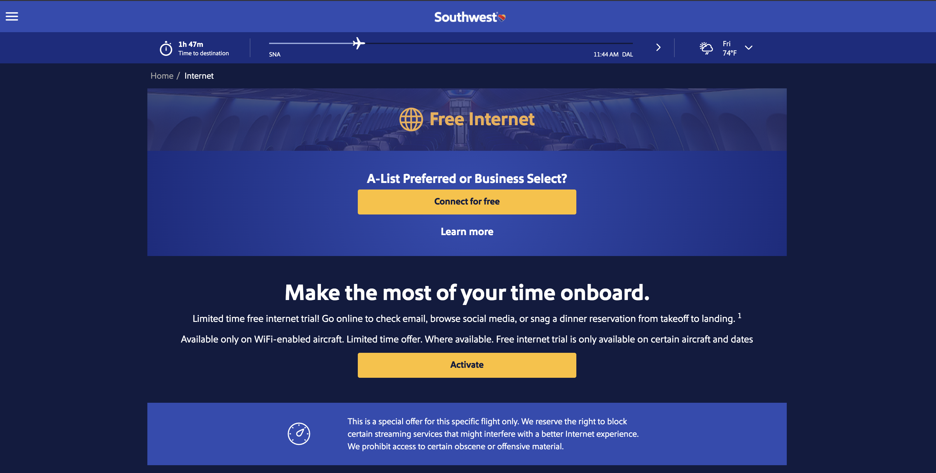 Southwest Airiines free wifi log in page