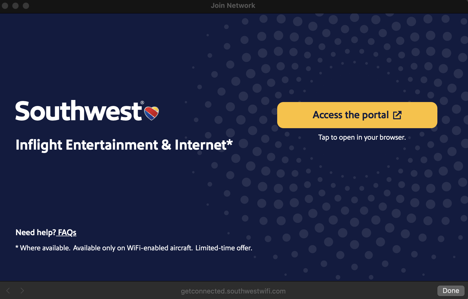 Southwest Airiines free wifi portal page Southwest Airiines free wifi portal page