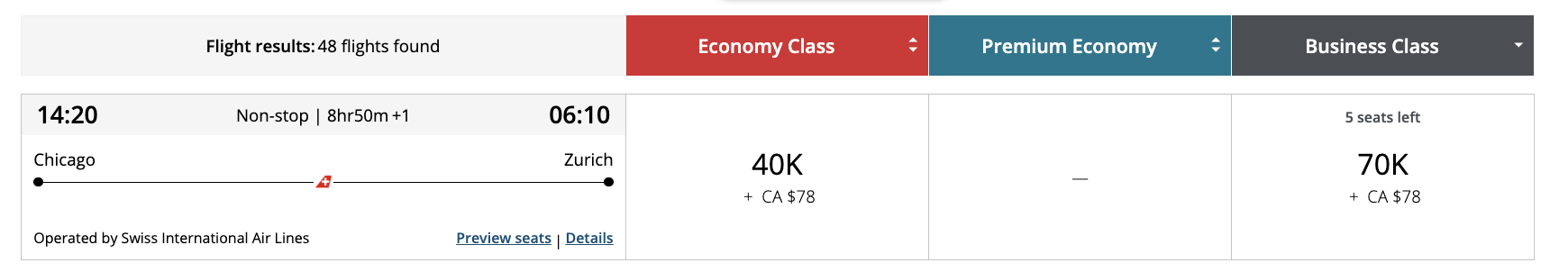 Aeroplan ORD ZRH booking 70k