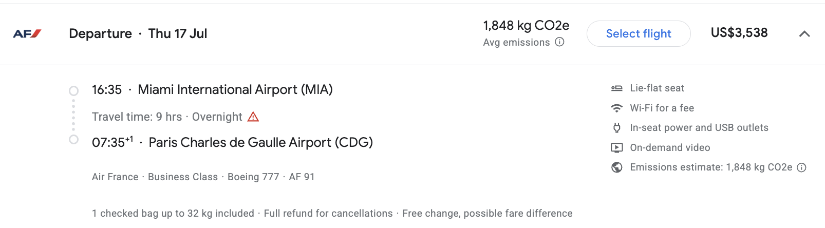 Air France business class from Miami to Paris