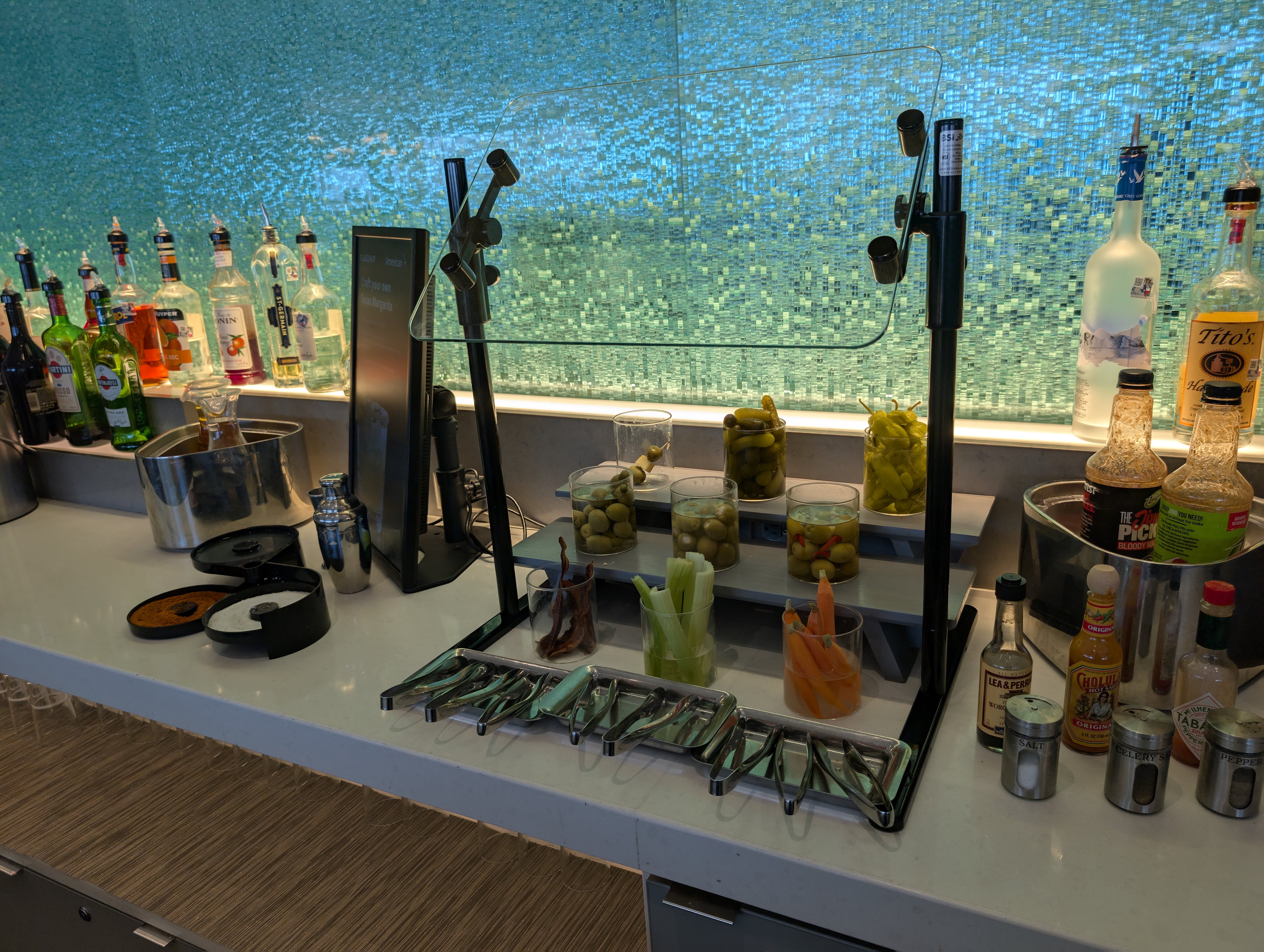 American Airlines Flagship Lounge DFW self serve bar Bloody Mary American Airlines Flagship Lounge DFW self serve bar Bloody Mary