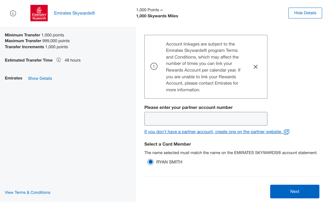 Amex Emirates transfer page Amex Emirates transfer page