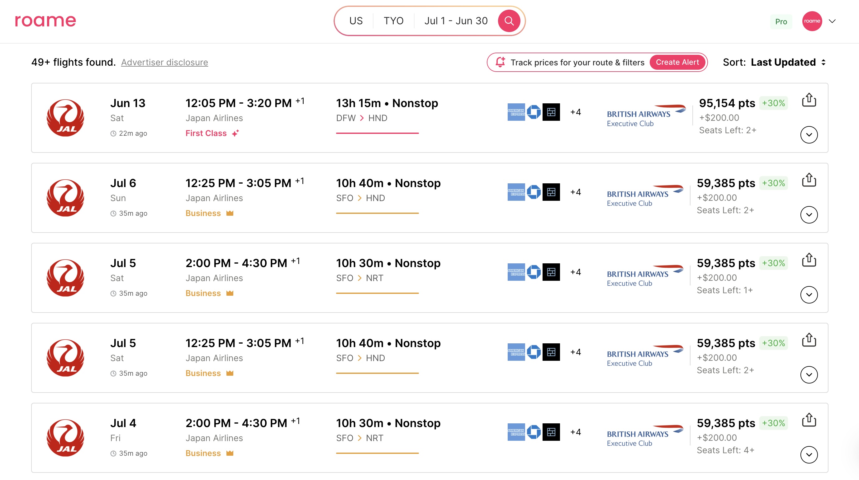 Screenshot JAL awards using British Avios