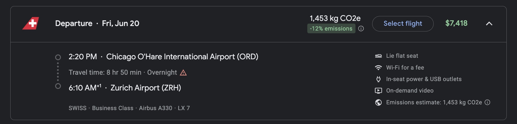 Business class cash price ORD ZRH. Google Flights