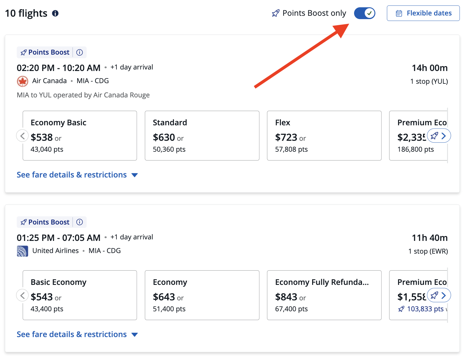 Chase Travel Portal flights MIA CDG Points Boost only