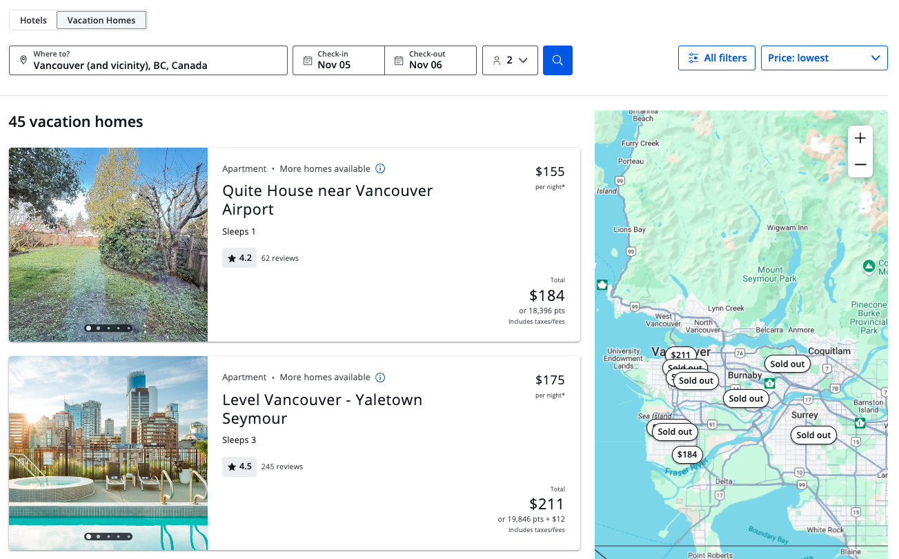 Chase Travel portal Vacation Homes results 1 night Vancouver Chase Travel portal Vacation Homes results 1 night Vancouver