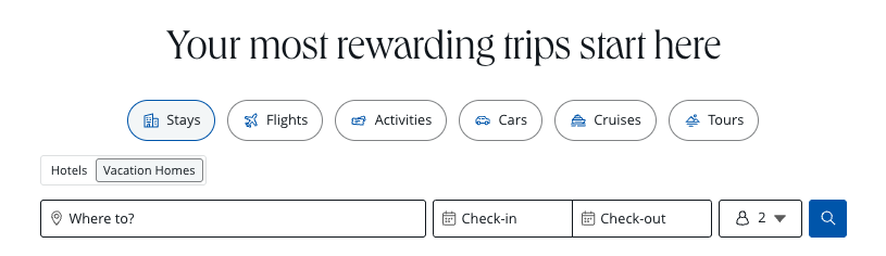 Chase Travel portal Vacation Homes search bar Chase Travel portal Vacation Homes search bar