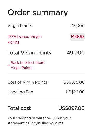 Cost of 49k Virgin Points
