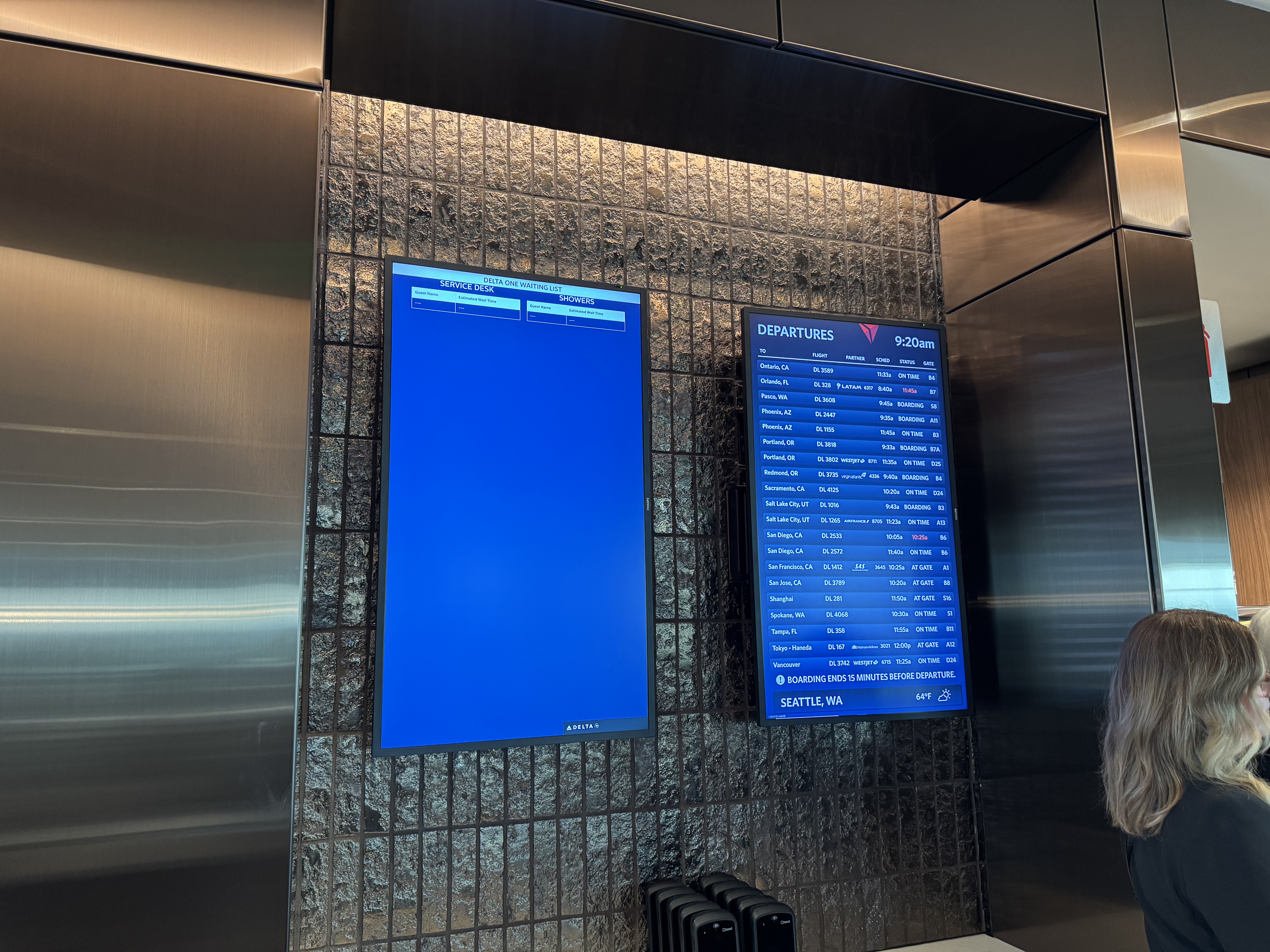 Delta One Lounge SEA Departures Board