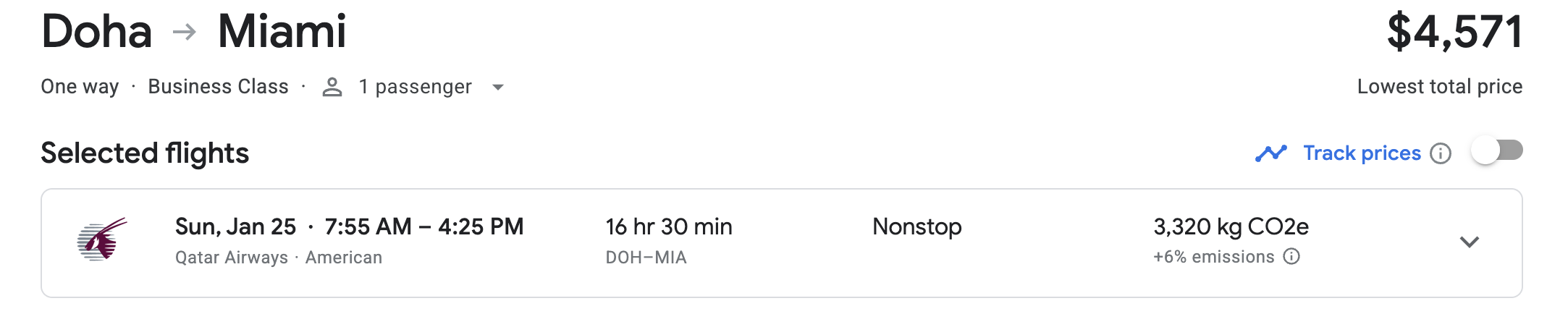Doha to MIA QSuites Cash Cost